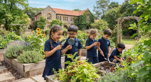 Children learning through outdoor play in IIP Early Years sensory gardens