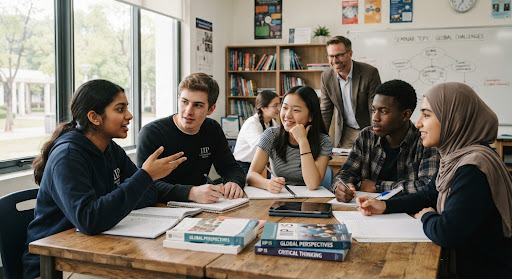 Students and a teacher collaborating around a classroom table