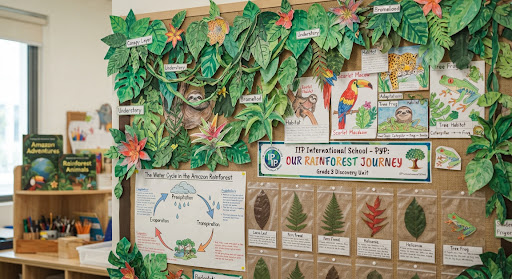 Classroom display of student rainforest theme work