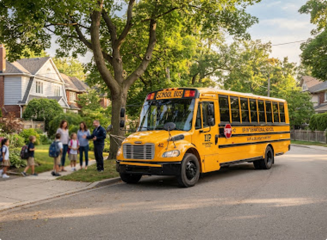 School bus on a tree-lined street